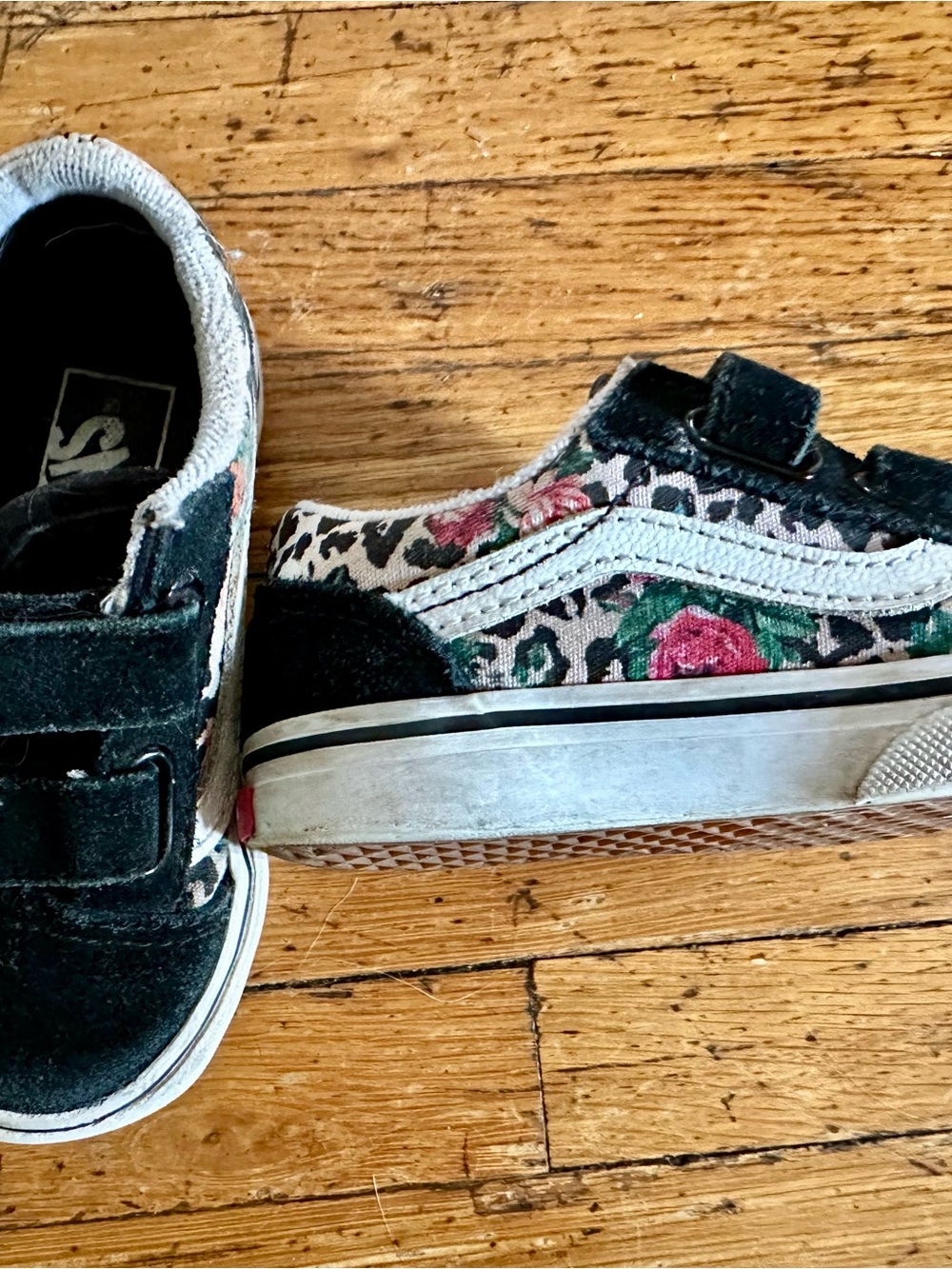 Vans Kids Black Floral & Leopard Velcro Sneakers with Pink Rose Accents